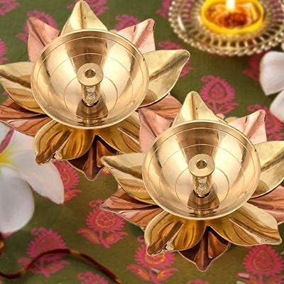 athizay Brass Diyas Pack of 2 for Pooja Virgin Brass Indian Diya Set Oil lamp Sets for Gifting Home Decor Lotus Vilakku (Kamaldeep Set)
