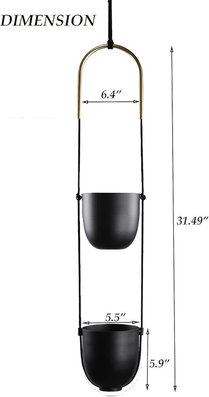 Modern Metal Hanging Planter for Indoor Outdoor Plants with Hook 2 Tier Boho Wall and Ceiling Flower Pots Baskets Holder Home Office Decor(Black)