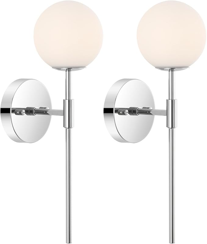 Modern Wall Sconce Set of 2 White Globe Glass Shades Mid Century Bathroom Vanity Wall Light Fixtures Industrial Wall Lamp for Bedroom Mirror Living Room Restaurant (Chrome Color)