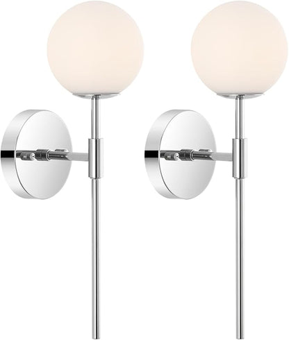 Modern Wall Sconce Set of 2 White Globe Glass Shades Mid Century Bathroom Vanity Wall Light Fixtures Industrial Wall Lamp for Bedroom Mirror Living Room Restaurant (Chrome Color)