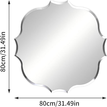 Frameless Scalloped Wall Mirror: Decorative Scallop Round Mirrored Glass Vanity with Beveled Silver Edge for Bathroom Bedroom Livingroom Dining Room Entryway Hallway, 32 x 32 inch