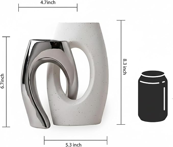 Ceramic Vase Set of 2 by DecoVlog, White and Silver Hollow Living Room Decor Vase, Minimalist Decorative Modern Boho Vase for Table Centerpiece Wedding Dining Living Room Office House Decoration
