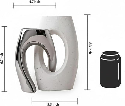 Ceramic Vase Set of 2 by DecoVlog, White and Silver Hollow Living Room Decor Vase, Minimalist Decorative Modern Boho Vase for Table Centerpiece Wedding Dining Living Room Office House Decoration