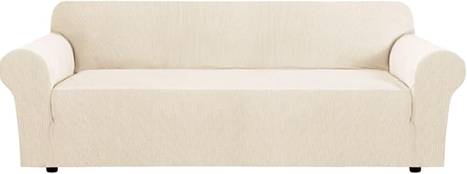 H.VERSAILTEX Stretch Sofa Covers for 3 Cushion Couch Covers Sofa Slipcovers for Living Room Feature Thick Checked Jacquard Fabric with Elastic Bottom, X-Large Sofa 101"-110" Wide, Cream