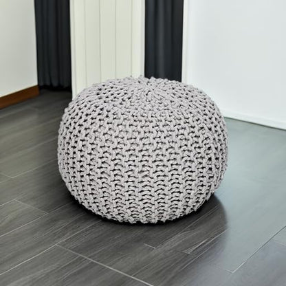 REDEARTH · Round Boho Pouf Ottoman - Cable Knitted Cord Boho Pouffe - Stuffed Poof Accent Beanbag Footrest for Living Room - Nursery - Bedroom - Covered Patio - Study Nook (18”x18”x14”) - Gray-S