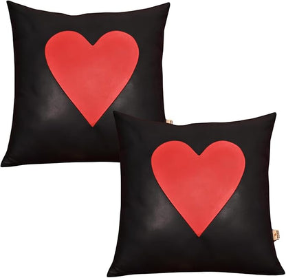 Genuine Lambskin Leather Pillow Cover, 14x14 Inch Case for Lumbar Throw Couch Pillows, Thick & Soft Cushion Covers for Sofa Bed Home Décor (Red Heart & Black Plain Pack of 2)