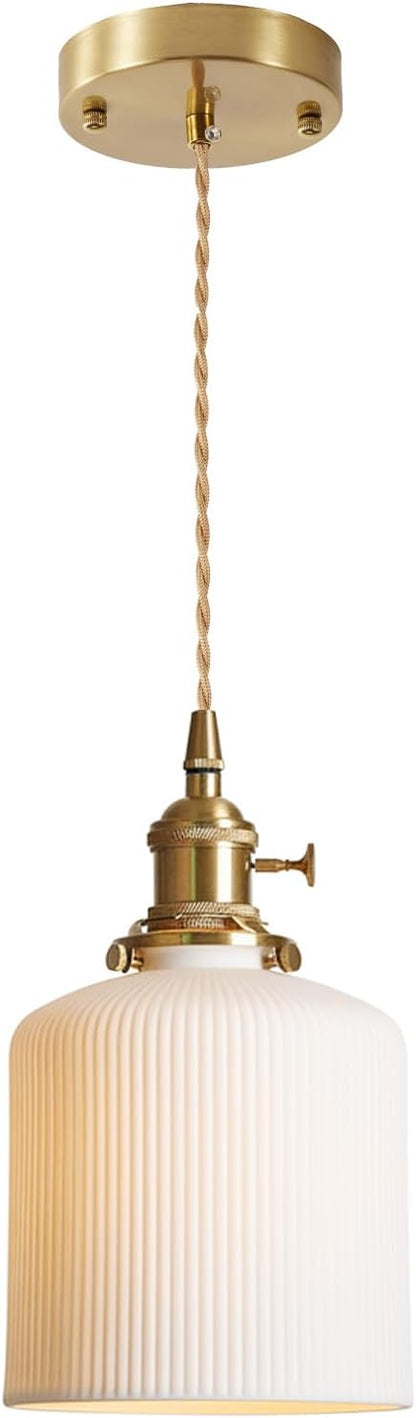 Modern Farmhouse Mini Pendant Light with White Ceramic Cylindrical Shade, Brass E26 Socket with On/Off Switch, Hardwired Hanging Lamp for Vanity, Kitchen Sink Lighting Bar Counter