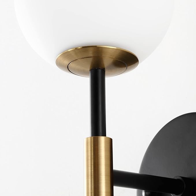 Industrial Mid Century Wall Sconce Set of 2 with White Globe Glass Shades Modern Bathroom Vanity Wall Lamp Black and Gold Finished Wall Light Fixture