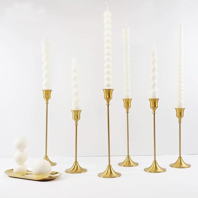 Candlestick Holders, Taper Candle Holders Set of 6, Vintage Candle Holder Decor for Table Centerpiece, Fireplace Mantel, Weddings & Housewarming (Brass Gold, 6 pcs)
