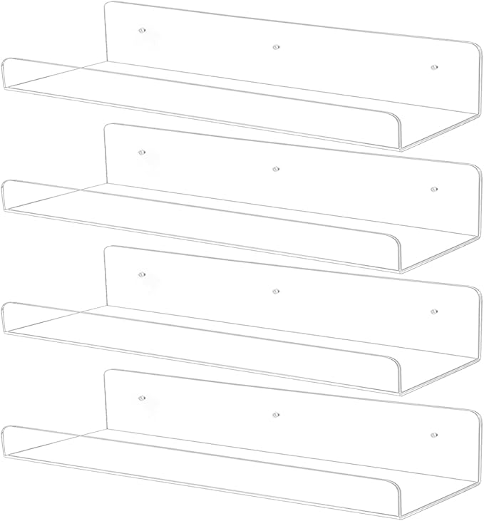 TONICE 4 Pack Acrylic Shelves for Wall 15in Floating Shelf Wall Mounted Set for Room, Bedroom, Bathroom, Kitchen, Living Room, Office Book Shelf Storage Decor