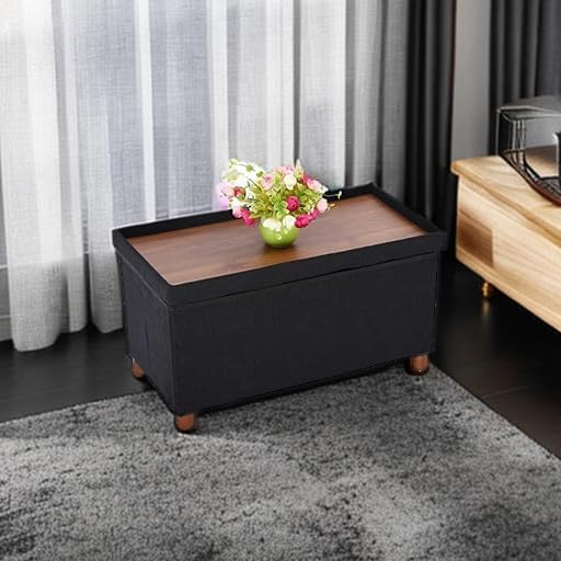 30 Inches Storage Ottoman Bench, Storage Bench with Wooden Legs for Living Room Ottoman Foot Rest Removeable Lid for Bedroom End of Bed, Linen Fabric, Folding Black Ottoman