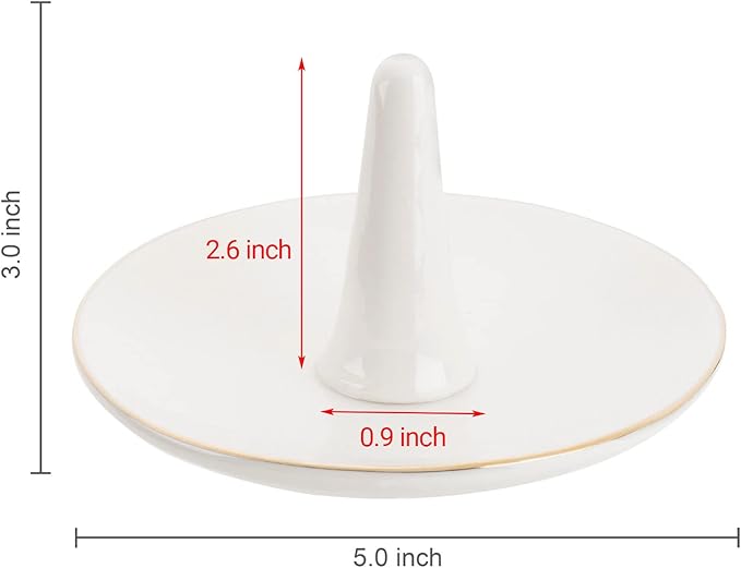 MyGift White Ceramic Ring Dish Holder, Jewelry Engagement Ring Holder, Trinket Tray with Gold Trim