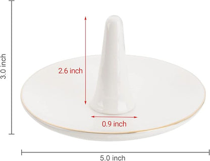 MyGift White Ceramic Ring Dish Holder, Jewelry Engagement Ring Holder, Trinket Tray with Gold Trim