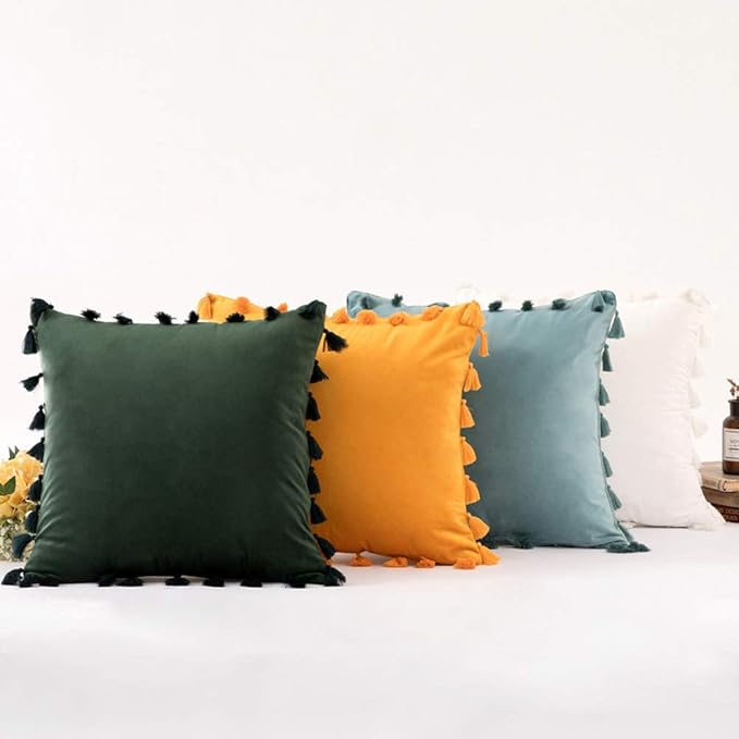 vctops Velvet Soft Solid Decorative Throw Pillow Cover with Tassels Boho Accent Cushion Case for Couch Bedroom Car Dark Green 20''x20''