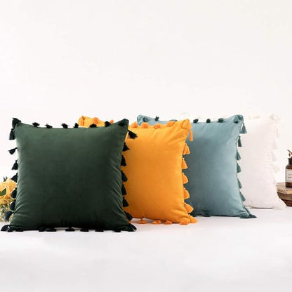 vctops Velvet Soft Solid Decorative Throw Pillow Cover with Tassels Boho Accent Cushion Case for Couch Bedroom Car Dark Green 18''x18''