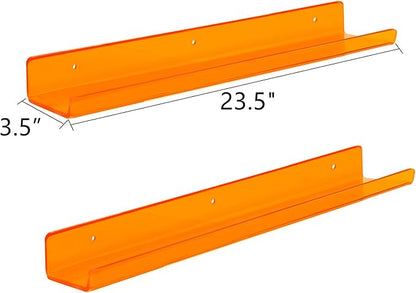 ROYALITA 24 Inches Acrylic Floating Book Shelves Wall Mounted Set of 2, Wall Hanging Plant Display Shelves, Room Decor Floating Wall Shelves for Gaming Room, Bedroom, Living Room, Office, Orange