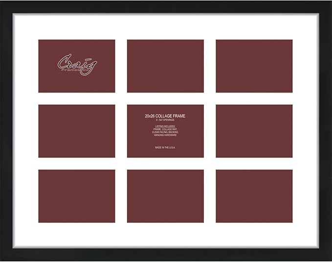 Craig Frames Contemporary, 20x26 Black Picture Frame with White Collage Mat, 9 Openings for 5x7 Prints