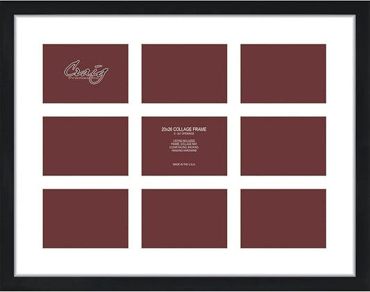 Craig Frames Contemporary, 20x26 Black Picture Frame with White Collage Mat, 9 Openings for 5x7 Prints