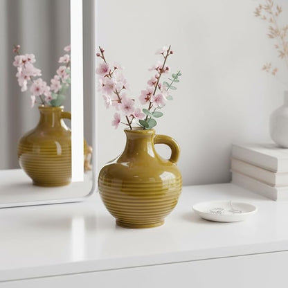 Sunddo Brown Ceramic Vase 6 Inch - Small Rustic Decorative Vase with 1 Handle for Farmhouse Home Decor, Shelf, Bathroom, or Coffee Table