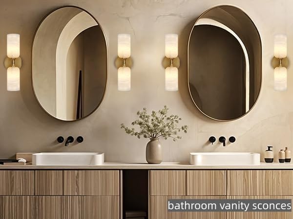 Alabaster Wall Sconces, 14" Modern Spanish Natural Marble Vanity Light, Dimmable Hardwired Brass Gold Wall Sconce Lighting for Bathroom Mirror, Bedroom, Living Room, Luxury Natural Stone Wall Fixtures