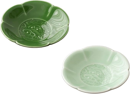 Green Ceramic Trinket Dish, 4.1 Inch Small Jewelry Tray with Auspicious Cloud Motifs (Symbolizing Good Fortune), Decorative Jewelry Holder for Vanity & Nightstand, Gift Packaging for Culture Lovers