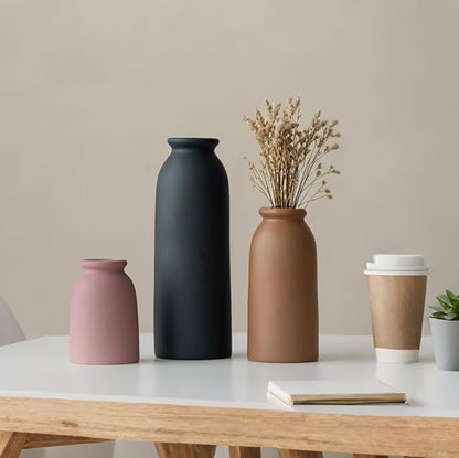 Ceramic Vase Set-3, Small Flower Vases for Decor, Modern Boho Farmhouse Style, Decorative Vases for Pampas Grass & Dried Flowers, Distressed Finish (Light Coffee)
