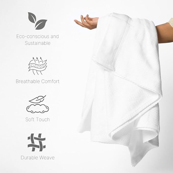 100% Cotton Herringbone Weave Blankets, 90"X90" Queen, Throw Blanket for Bed, All Season Cotton Blanket, Cozy Blanket,Throws & Bed Blanket, Throw Blanket for Couch, Modern Home Decor - White