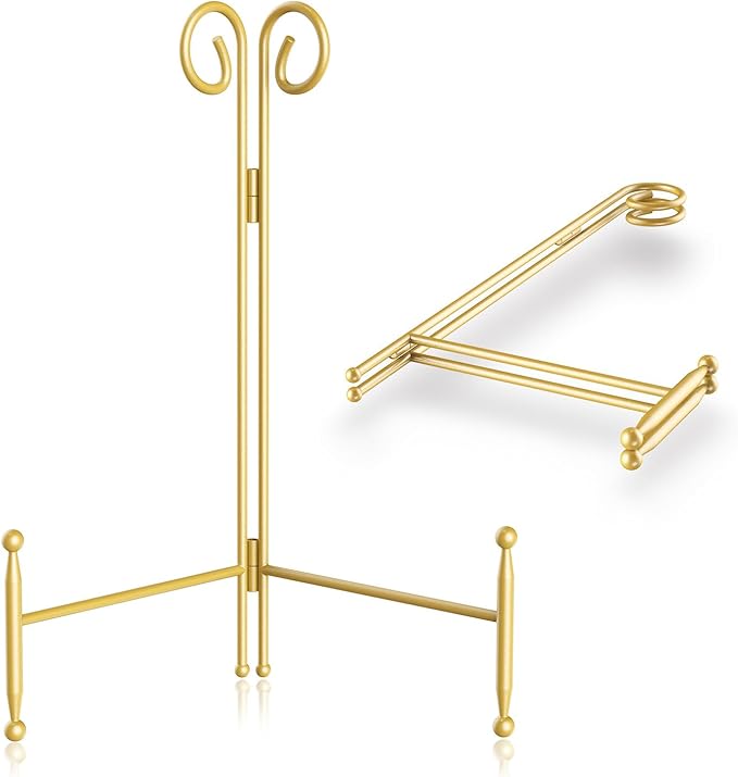 SVENJBB 10 Inch Plate Stands for Display, Gold Metal Frame Holder Stand for Picture and Decorative Plate, Collapsible Easel Display Stand for Platter, Book and Art (2 Pack)