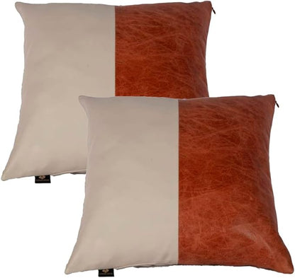 Lambskin Leather Pillow Cover - Sofa Cushion Case - Decorative Throw Covers for Living Room & Bedroom, 20x20 Inches - Tan & Beige Pack of 2