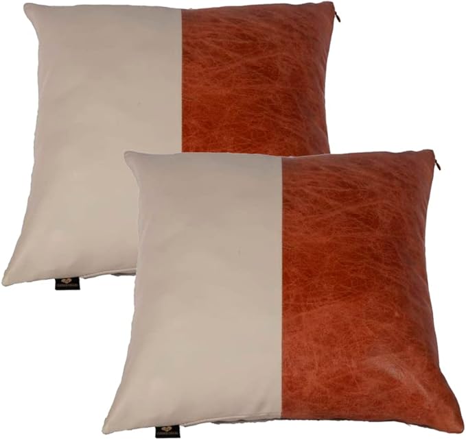 Lambskin Leather Pillow Cover - Sofa Cushion Case - Decorative Throw Covers for Living Room & Bedroom, 22x22 Inches - Tan & Beige Pack of 2