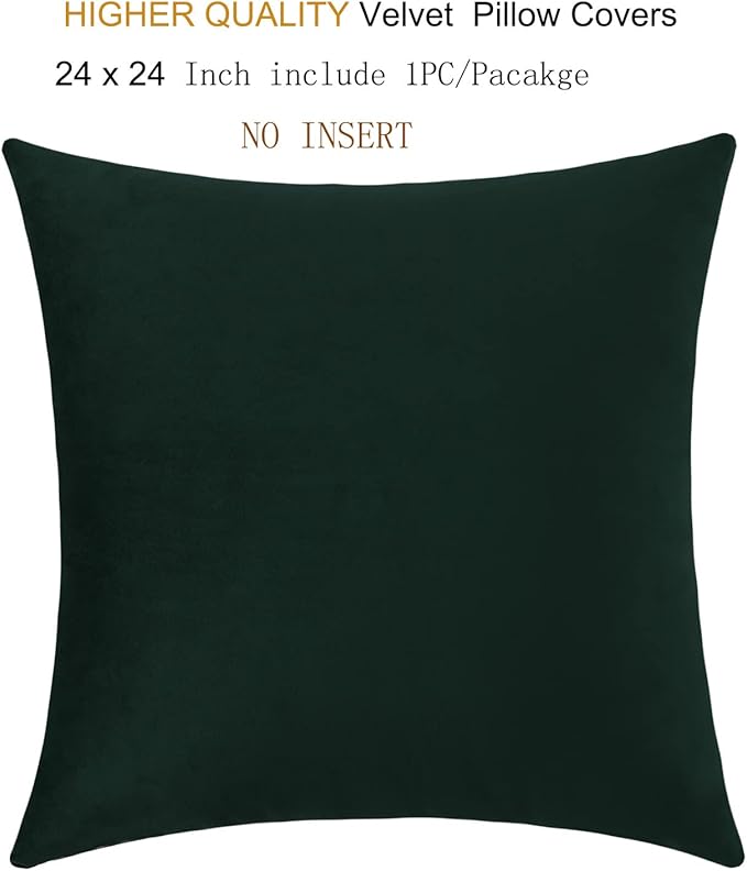 mixeoo Comfy Dark Green Throw Pillow Covers Christmas Decorative Square Solid Thick Velvet Super Soft Cushion Cases Home Decor for Sofa Couch Living Room Chair, Set of 1, 24 x 24 Inch