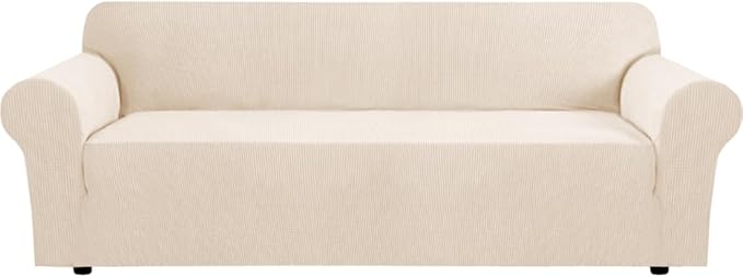 H.VERSAILTEX Stretch Couch Covers for Sofa 1 Piece Slipcovers for Couches and Sofas 3 Seater Couch Cover Feature Thick Checked Jacquard Fabric with Elastic Bottom(Large Sofa 90"-100" Wide, Natural)
