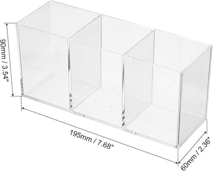 PATIKIL 3 Compartments Clear Acrylic Pen Holder, Pencil Holder Pen Organizer Pencil Cup Makeup Brush Holder Square for Countertop Desk, Transparent