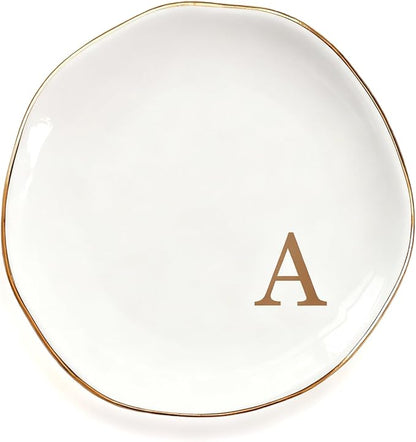 Fmeida Ceramic Jewelry Trays, Small Jewelry Tray Dish Initials Ring Dish for Women, Monogrammed Gifts for Birthday Wedding Valentines Christmas, 4.5", Rose Gold A