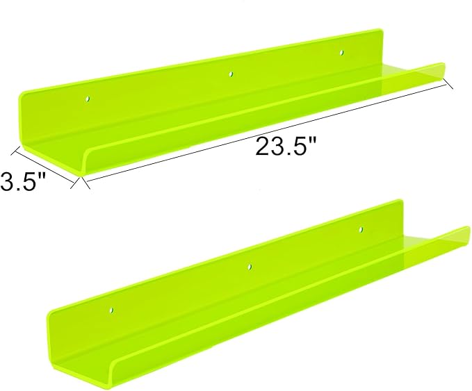ROYALITA 24 Inches Acrylic Floating Book Shelves Wall Mounted Set of 2, Wall Hanging Plant Display Shelves, Room Decor Floating Wall Shelves for Gaming Room, Bedroom, Living Room, Office, Gree