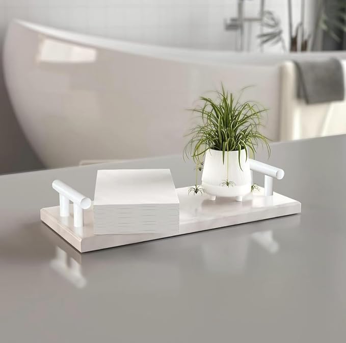 Guest Towel Holder Tray for Bathroom,Marble Slab with Handles -Napkin Holder for Kitchen - Bathroom Tray (White,Small)