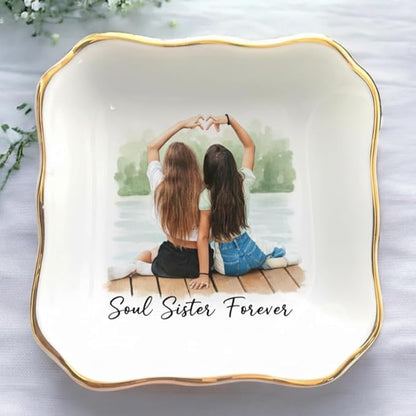 Custom Photo Watercolor Friend Ring Dish, Personalized Bestie Jewelry Dish, Soul Sister Trinket Dish Gift for Long Distance Friendship Women BFF Christmas Birthday Wedding Gift