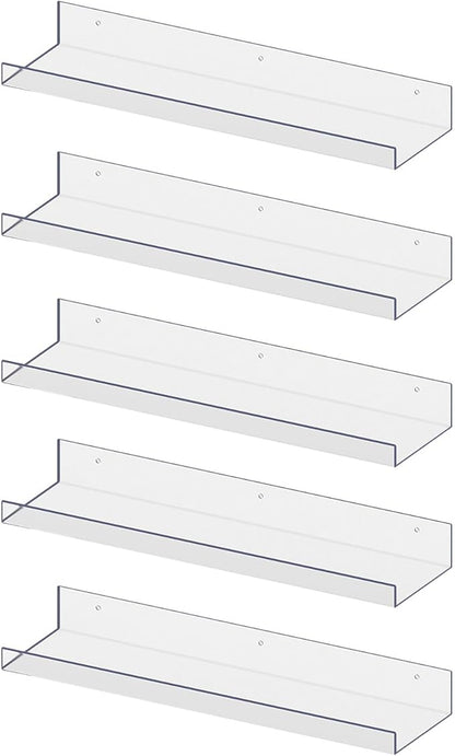 RLAVBL 5 Pack Acrylic Shelves, 15" Floating Wall Shelves for Bedroom, Living Room, Bathroom, Kitchen Storage