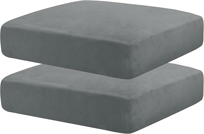 MAXIJIN Velvet Stretch Seat Cushion Covers Couch Cushion Cover for Individual Cushions Sofa Seat Cushion Slipcovers with Elastic Bottom (2 Piece Sofa Cushion Covers, Light Grey)