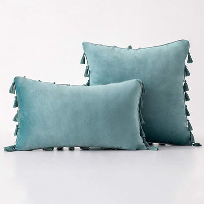 vctops Velvet Soft Solid Decorative Throw Pillow Cover with Tassels Boho Accent Cushion Case for Couch Bedroom Car Aqua Green 20''x20''