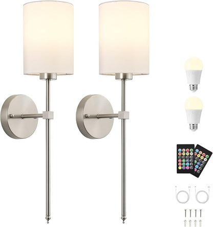 Battery Operated Wall Sconces Set of Two,Wireless Rechargeable Wall Light With Remote Control, Dimmable, 1800K/3000K/4000K/6000K/RGB, Timer, for Living Room, Bedroom, Fireplace, TV, 23.6 Inch, Nickel