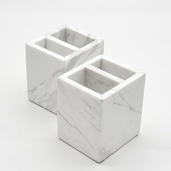 Marble Pen Holder, White Stone, Rectangular Desktop Organizer for Office Study (white 2 layer)