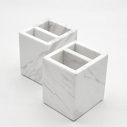 Marble Pen Holder, White Stone, Rectangular Desktop Organizer for Office Study (white 2 layer)