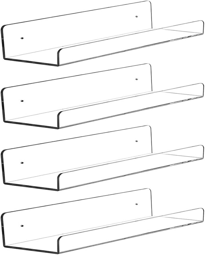 CY craft Clear Acrylic Floating Shelves Display Ledge, 5 MM Thick Wall Mounted Storage Shelf for Kitchen/Bathroom/Office,Invisible Kids Bookshelf and Spice Rack,15 Inch,Set of 4