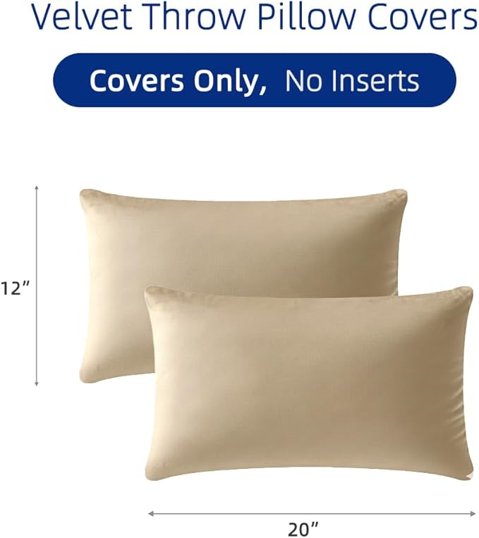QUORGVES Beige Velvet Pillow Covers 12x20 Inch Set of 2, Soft Solid Decorative Lumbar Throw Pillow Covers, Decor Cushion Covers for Bed Sofa Couch Bedroom Living Room