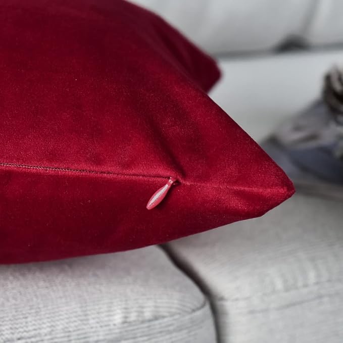 Comfortable Throw Pillow Covers for Bedding, Decorative Accent Cushion Sham Cases for Couch Sofa, Soft Solid Velvet with Zipper Hidden - 24"x24", Deep Red