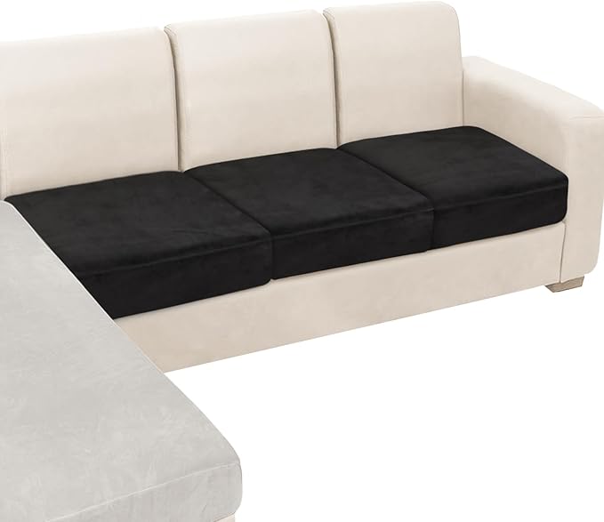 NAISI Couch Cushion Covers 3 Pieces Velvet Stretch Sofa Seat Covers or Backrest Covers Soft Individual Couch Covers for Sectional Sofa(3 Pcs for 3-Seat Cushion,Black)