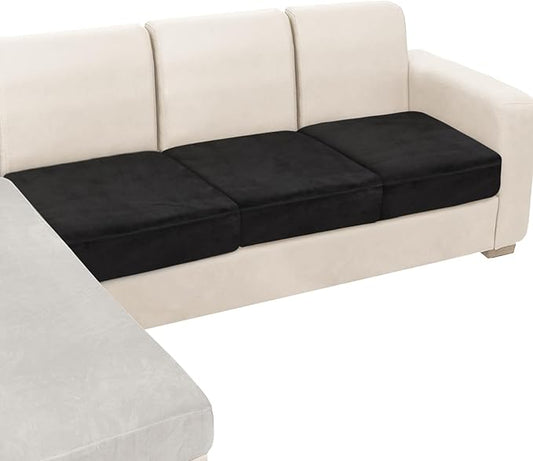 NAISI Couch Cushion Covers 3 Pieces Velvet Stretch Sofa Seat Covers or Backrest Covers Soft Individual Couch Covers for Sectional Sofa(3 Pcs for 3-Seat Cushion,Black)