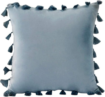 vctops Velvet Soft Solid Decorative Throw Pillow Cover with Tassels Boho Accent Cushion Case for Couch Bedroom Car Water Blue 20''x20''