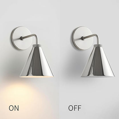 Retro Industrial Metal Cone Wall Light - Vintage Inspired Modern Silver Wall Sconce with Metal Shade, Wall Mount Lighting for Bedroom, Hallway, Living Room (10.5“W x 10.5" L x 12.5" H Silvery)